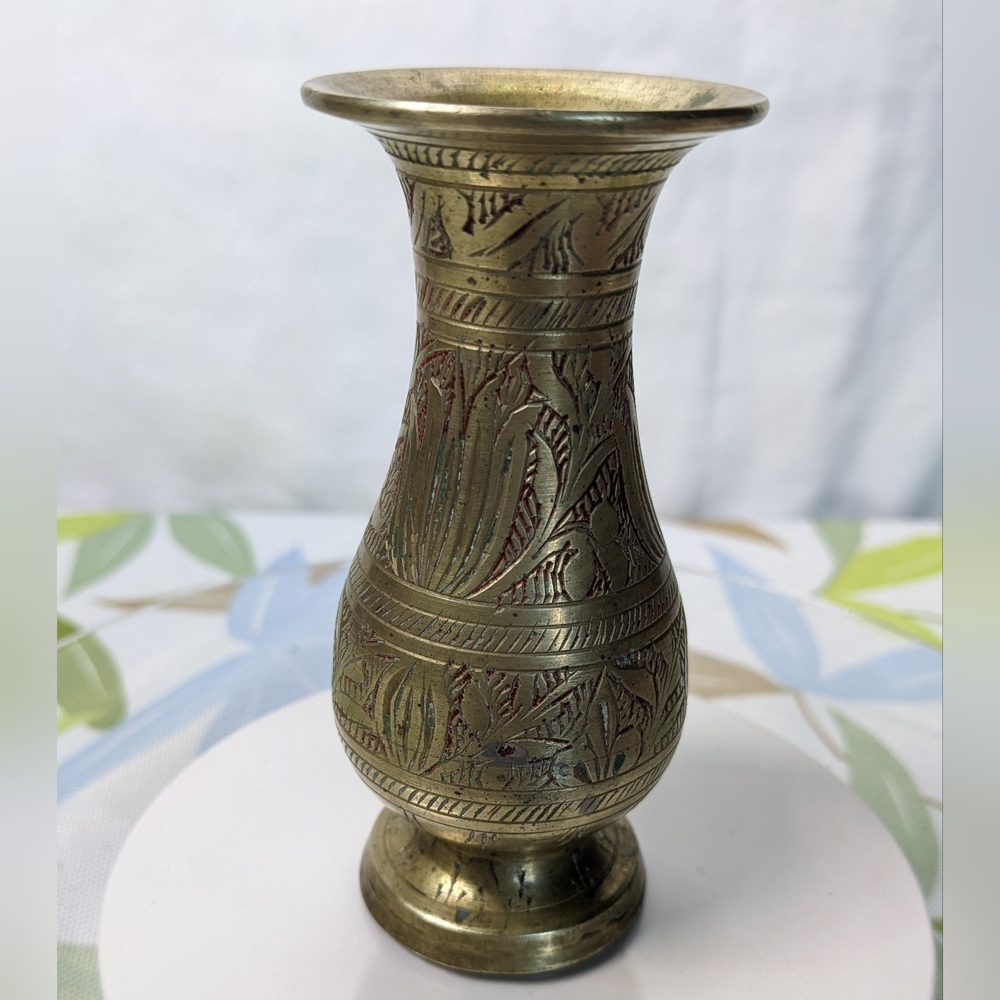 Sarna Vintage Etched Brass Bud Vase, India, Marked M48-1
